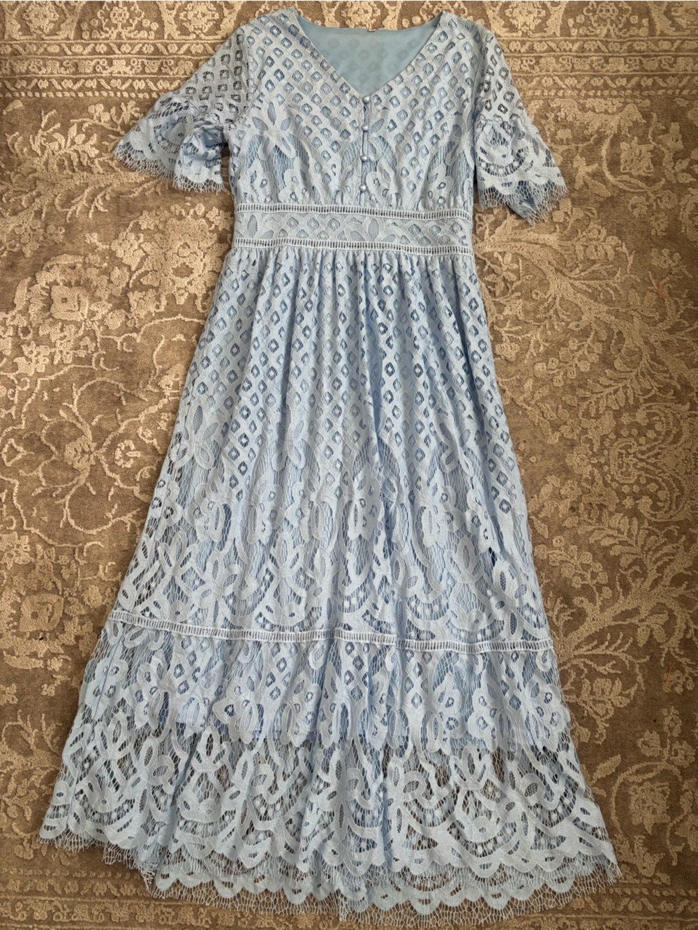 Amazon Powder Blue Lace Midi Dress with V‑Neck